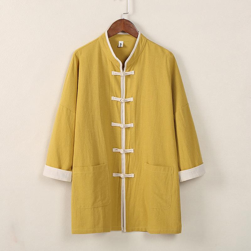 

Китайская традиционная рубашка весна-лето мужская повседневная тонкая танская винтажная куртка M жёлтый