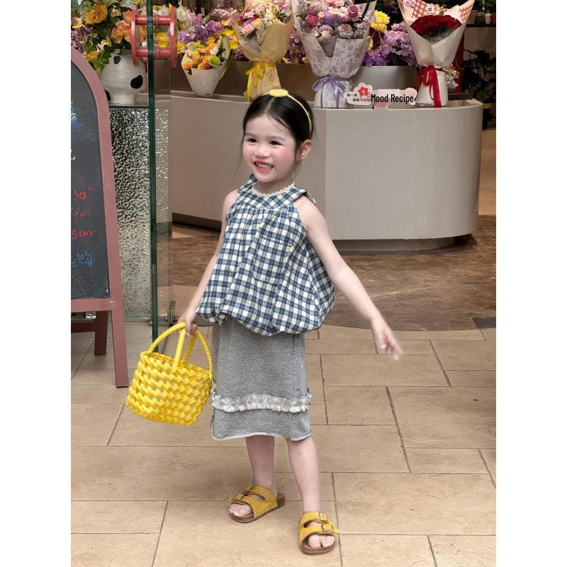 Girls Korean-Style Blue Plaid Halter Top & Grey Ruffle Skirt Set 90cm