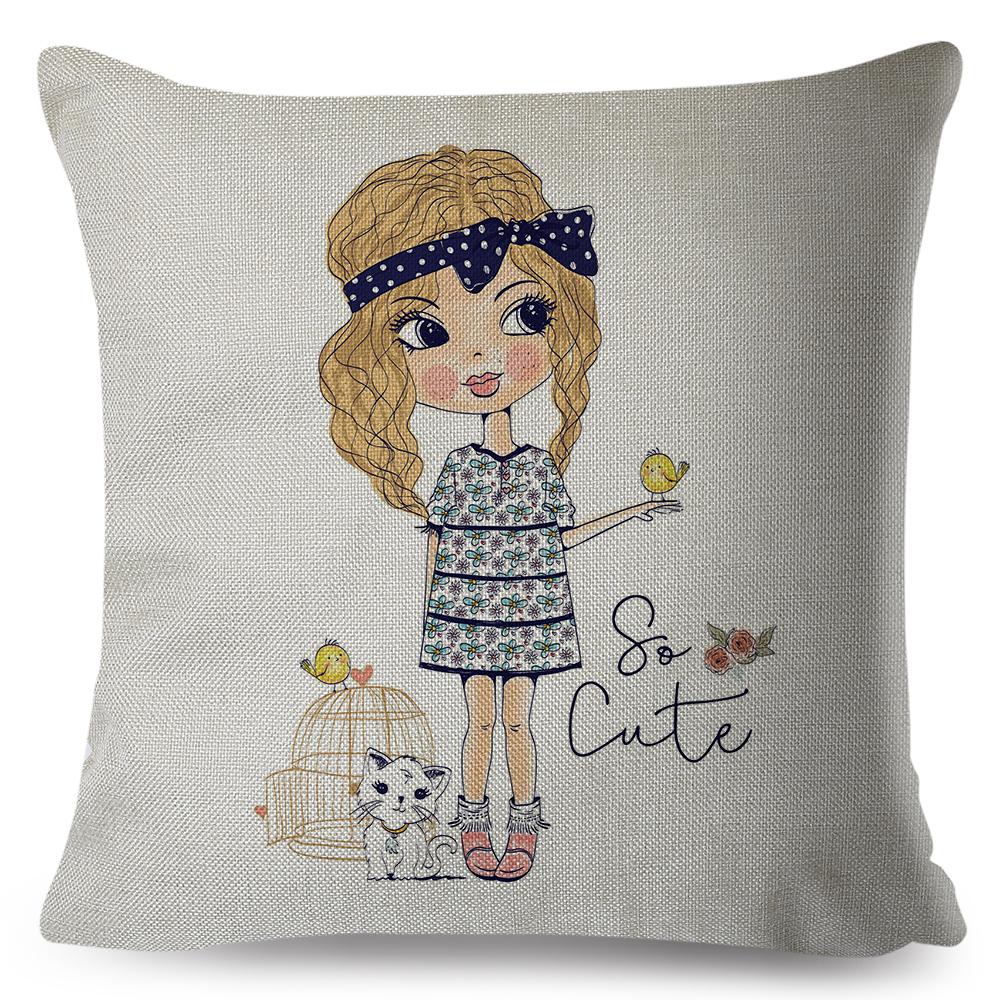 Original Hand Drawn Illustration Cushion xcm Whimsical Stylized Character Design Playful Graphic Art Cotton Linen Blend 40x40cm