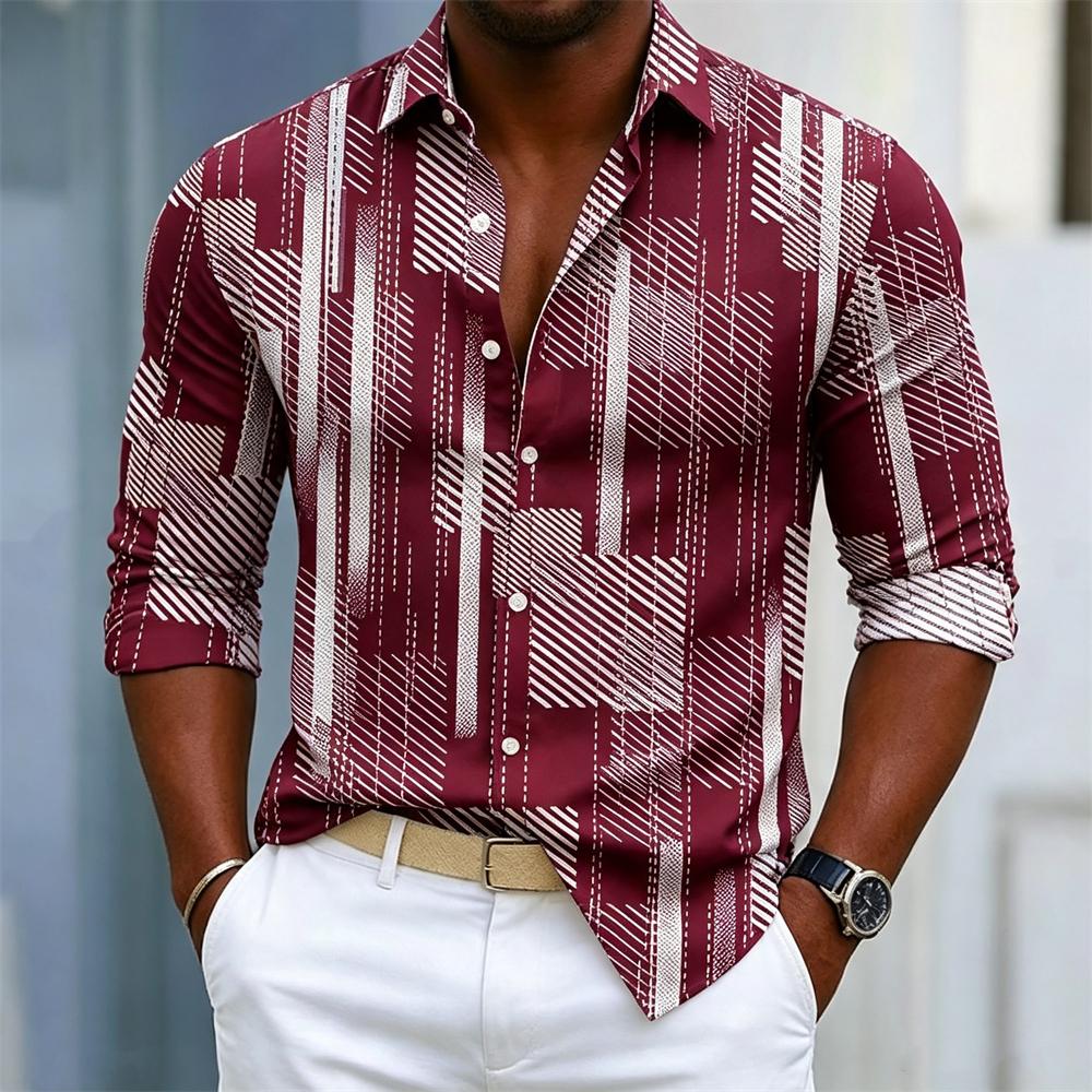 Men's Long Sleeve Shirt Casual Geometric Stripe Print Lapel Collar Daily Vacation Business Fashion Slim Fit Mens Dress Shirts
