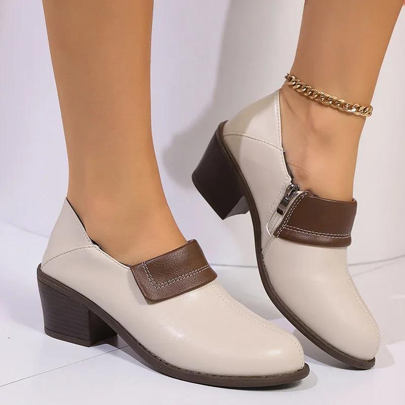 Élégantes Femmes Talons Hauts Épais 2025 Printemps Cuir PU Grandes Tailles Escarpins Nouvelle Femme Imperméable Antidérapant Bureau Chaussures Simples