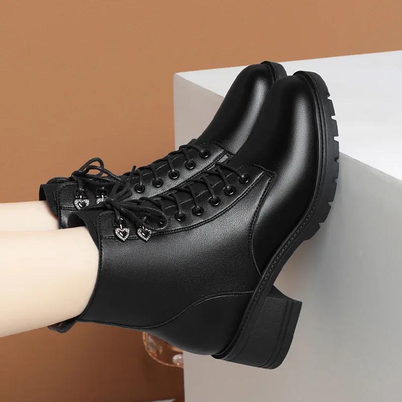 4.5cm Comfortable Med Square Heels Soft Leather Shoes Women's Platform Botas Winter 2025 Short Plush Warm Ankle Boots Office Mom