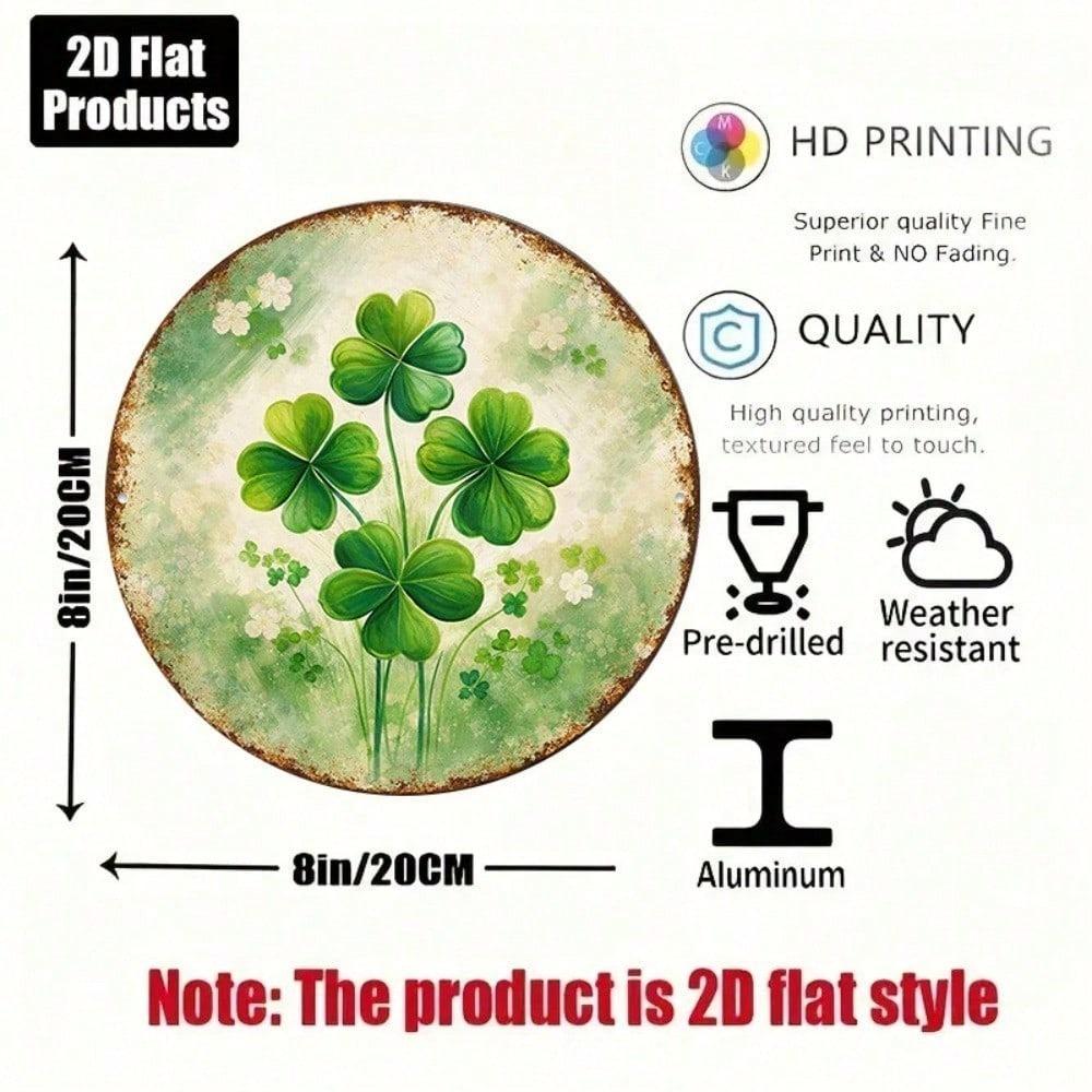 1pc Vintage Four Leaf Clover Round Tin Sign 8x8in Retro Irish Luck Metal Wall Plaque 2D Flat Decor For Bar Cafe Restaurant Office Home