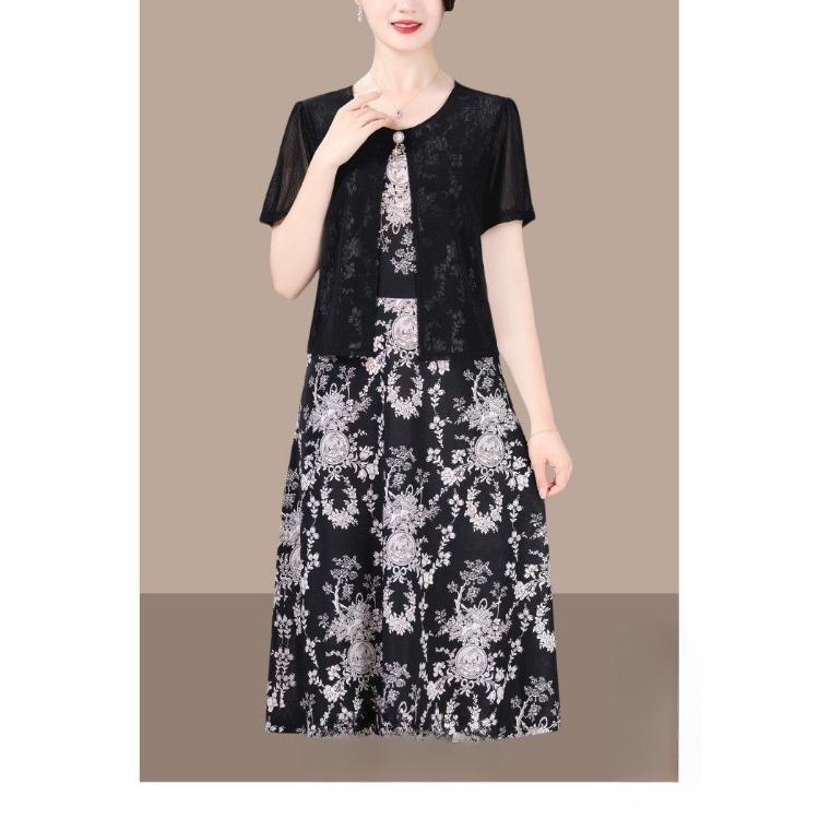 Chic Summer Fake Two Piece Dress for Moms Elegant Slimming and Youthful Mid Age Women Fashion Clothing