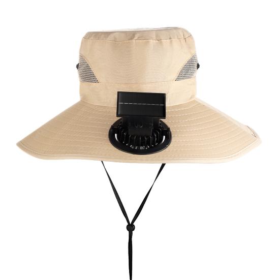 Solar Fan Bucket Hat Unisex Adjustable Wide Brim Sun Hat with Built-in Solar Panel A бежевый
