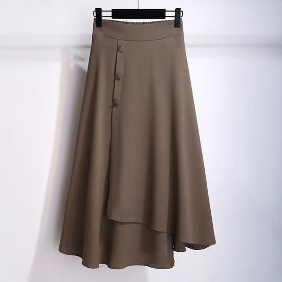 High-Waisted Midi Skirt Buttons Decor Irregular Large Hem A-Line Skirt Solid Color