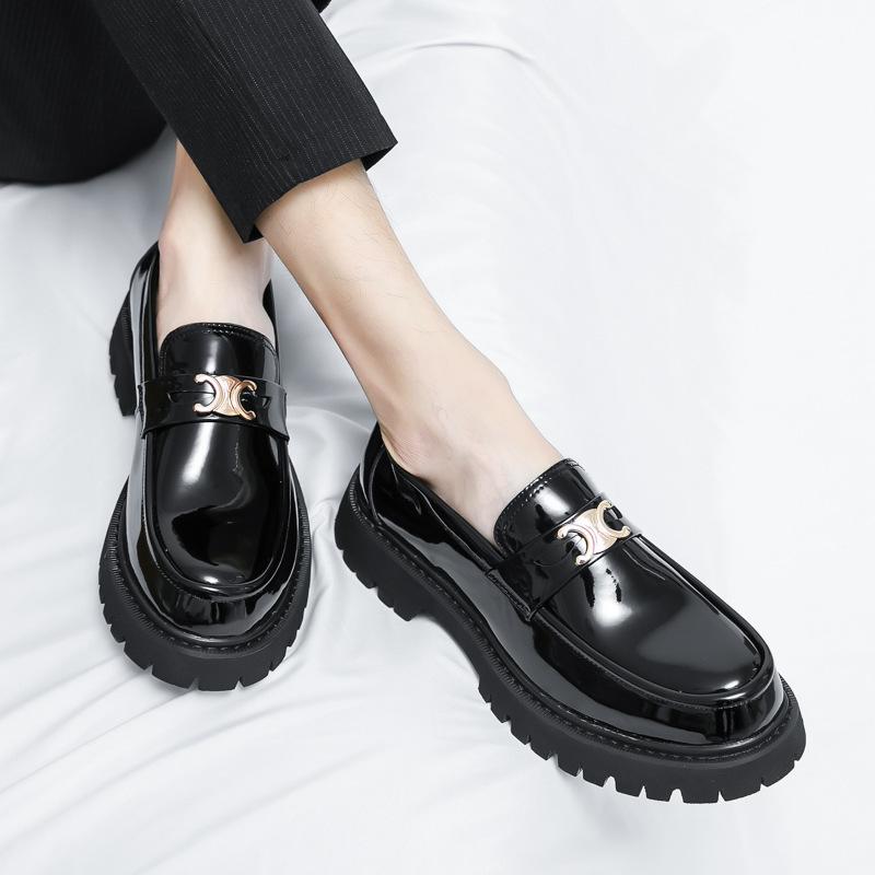 Leather shoes men's round head heightening shoes horse buckle men's loafers trendy casual shoes men's one-pedal small leather shoes
