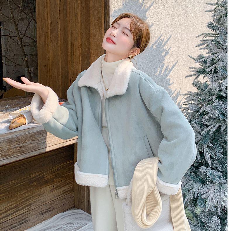 Women s Winter Korean Style Lambswool Suede Jacket with Fur Lapel and Zipper S 40-47.5 kg