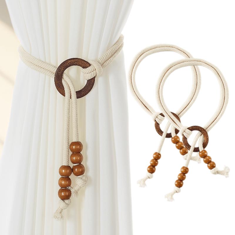 2Pcs Adjustable Drawstring Design Vintage Natural Wood Curtain Tiebacks - Elegant Window Decor for Living Room Bedroom - Standard & Sheer Curtains
