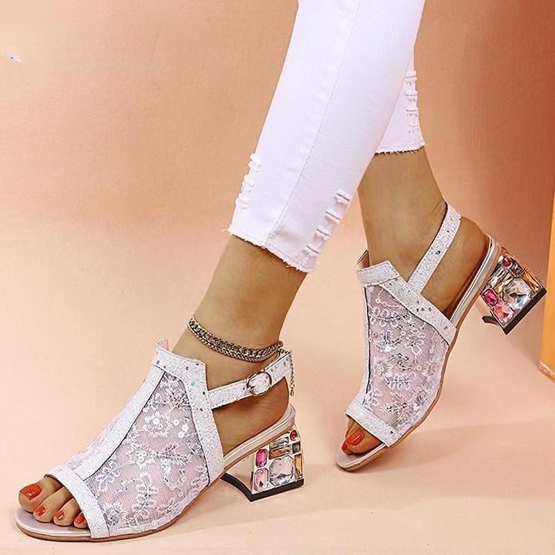 2025 New Women Summer Fashion Mid Heels Peep Toe Shoes for Women Glitter Sandals Ladies Buckle Strap Bling  Rhinestone Sandals