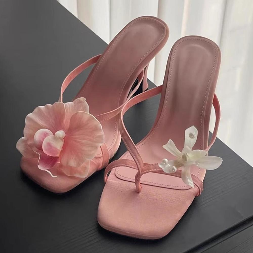 Flowers Decoration Flip Toe Slippers Sexy Square Toe Thin Heel Corss Tied Slip On New Arrivals Fashion Women Shoes
