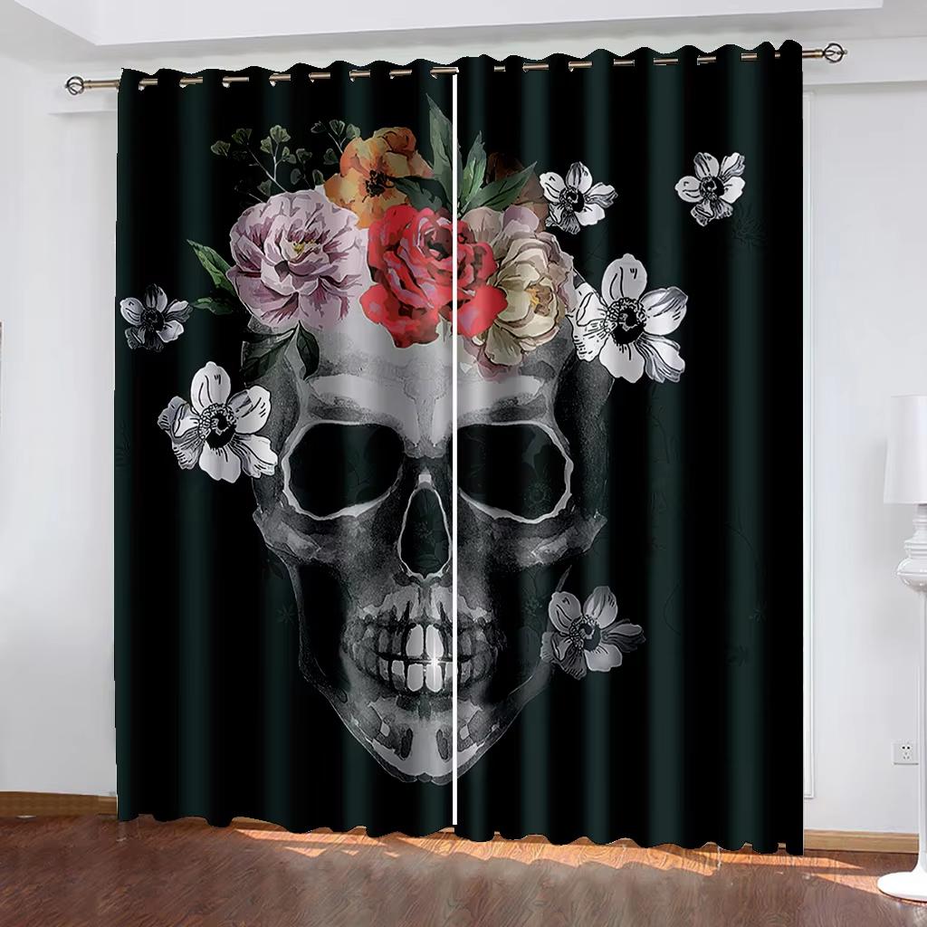 

2 шт. Персонализированные роскошные 3D-печатные черные занавески с рисунком черепа для пары, подходят для декора спальни, гостиной, кухни W50H60(CM)x2PCS&Rod Pocket