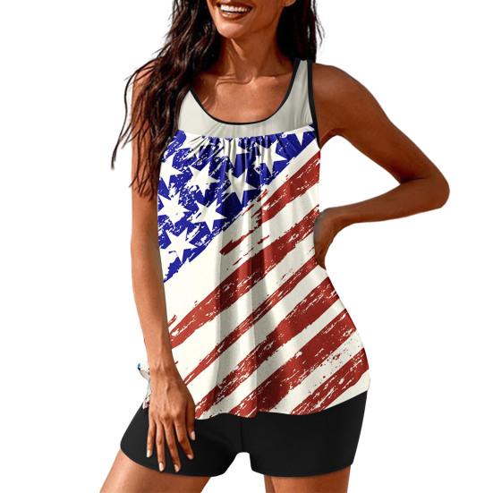 2Pcs/Set Women Tankini Set American Independence Day Print Vest Solid Color Swimming Shorts Set Swimwear