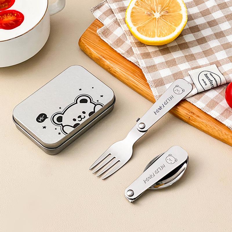 2Pcs/Box Portable Foldable Dinnerware Set 304 Stainless Steel Folding Fork Spoon With Cutlery Box Cute Picnic Tableware