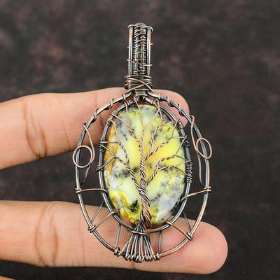 Lebensbaum Gelber Dendrit Opal Anhänger Kupferdraht umwickelter Edelsteinanhänger Handgefertigter Designerschmuck Drahtwickelschmuck Geschenk für Mama