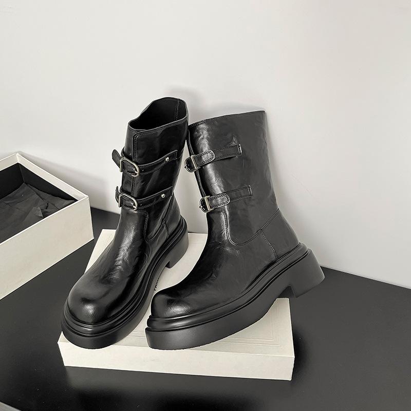 

In stock, ultra-light retro boots for women, 2025 autumn and winter new belt buckle, thick-soled heightening knight boots, short boots for women 35