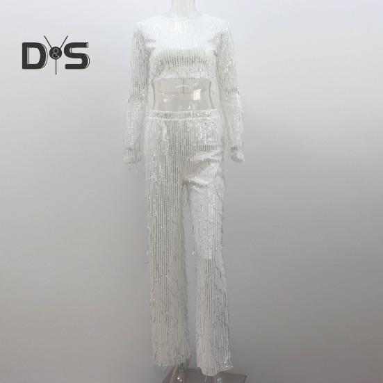 2Pcs/Set Women Tassel Sequin Party Outfit Set O Neck Long Sleeve Cropped Tops High Waist Wide Leg Long Pants Set