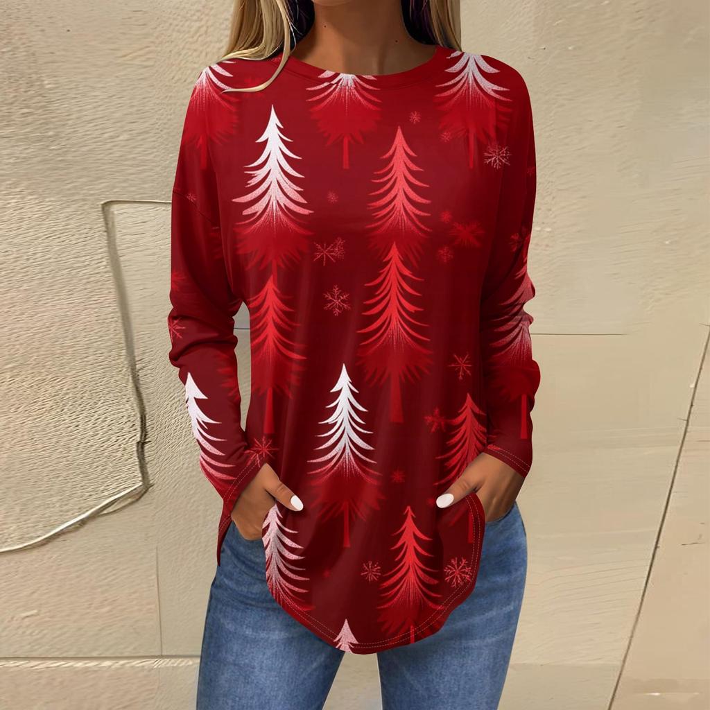 

3D Градиентный Цвет Принт Рождественской Елки Футболка с Круглым Вырезом и Длинными Рукавами Повседневный Топ с Длинными Рукавами XXL