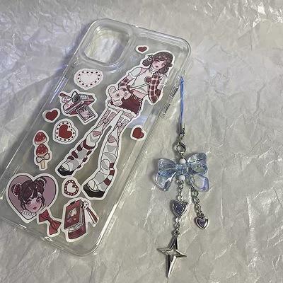 Creative Handmade Blue Bow Clear Heart Bead String Charm Strap Cute Star Knot Pendant Girl Woman Keychain Lanyard For Phone