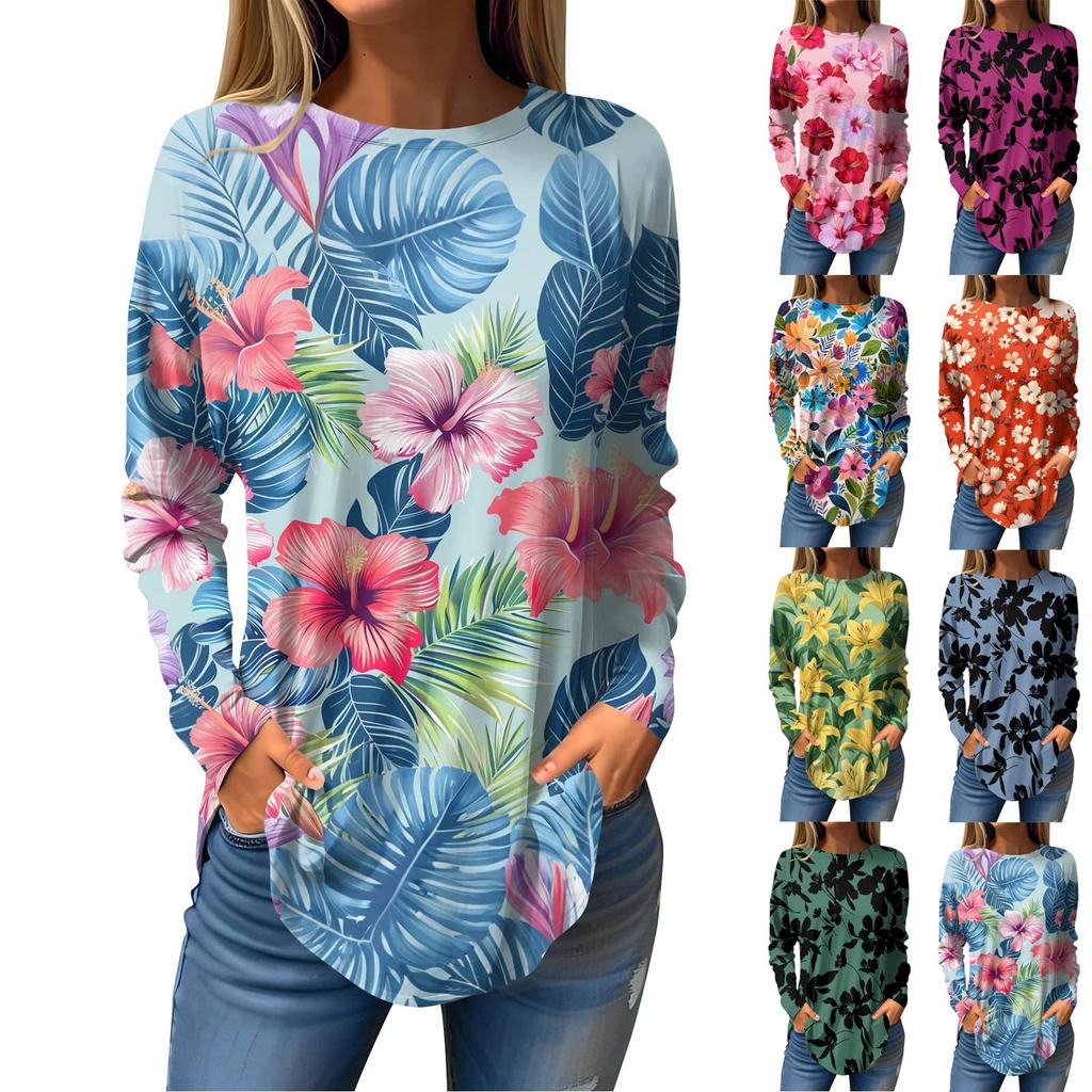 Women's Loose Casual Flower Printed Round Neck Long Sleeved T Shirt Top Pullover Long Sleeved Sweatshirt