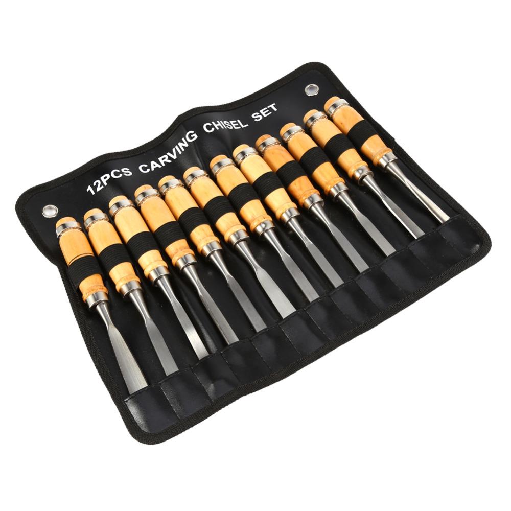 12pcs Steel Hammer End Wood Carving Chisel Set Wood Gouge Turning Tools  For Beginners