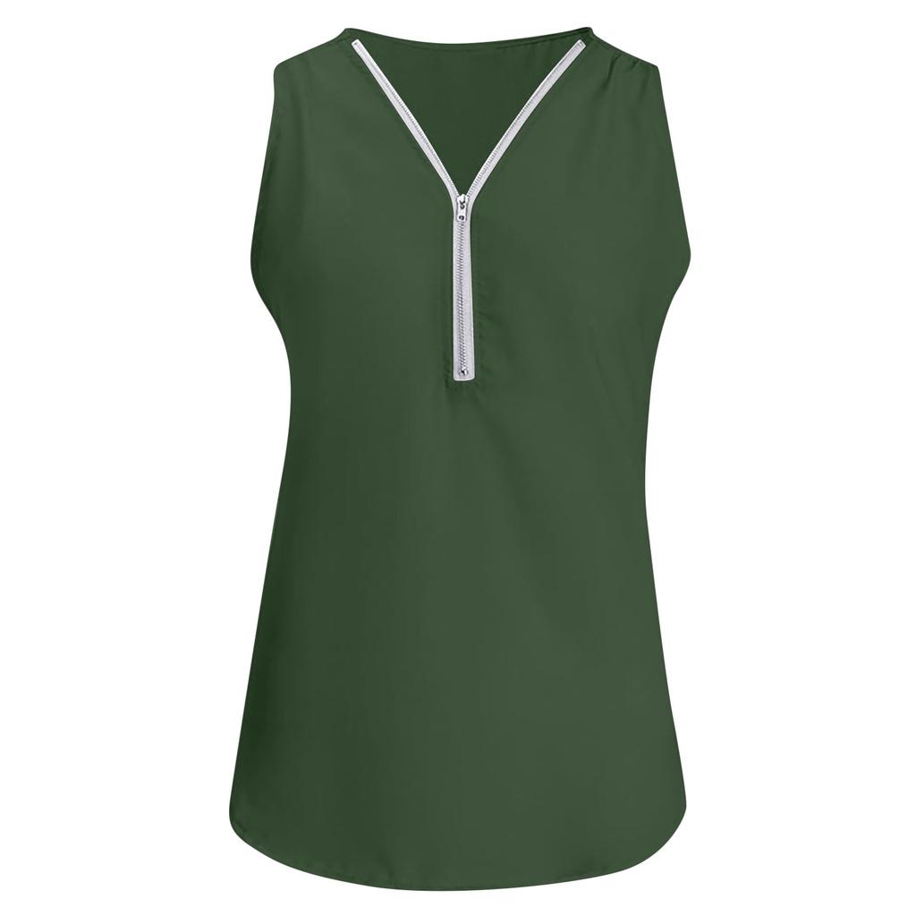 Women‘s Zipper V-Neck Sleeveless Casual Solid Tops Blouse Loose Vest T-Shirts