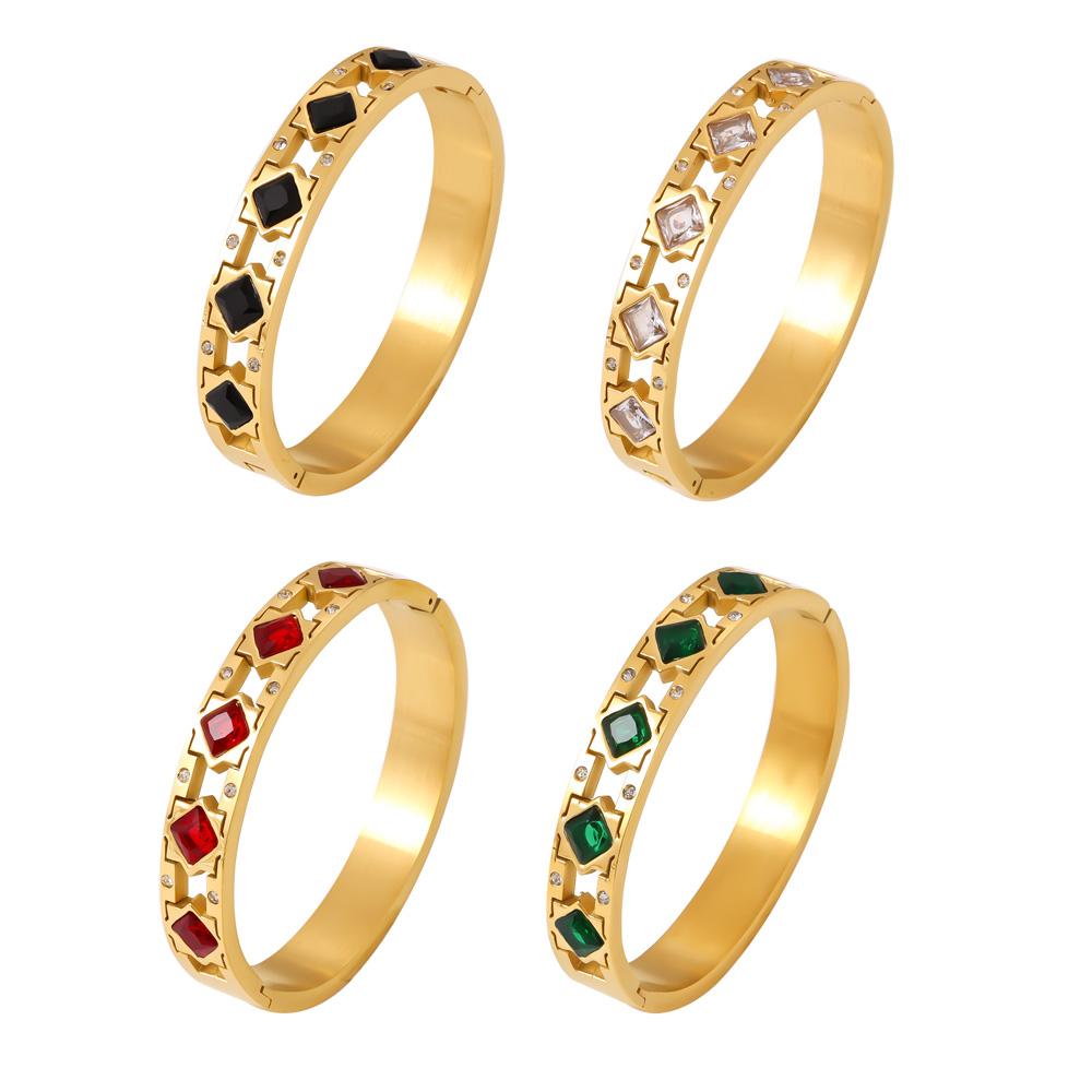 Openable Stainless Steel Bracelets For Women 18k Gold Plated Inlaid Square Zircon And Glass Stone Hollowed Women's Cuff Bracelet