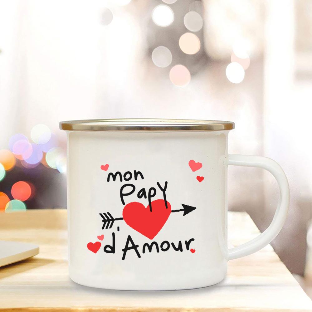 I Love Mom Dad Aunt Uncle Grandpa Grandma Print Enamel Mug Outdoor Water Coffee Cup Camping Mug Holiday Birthday Gift for Family