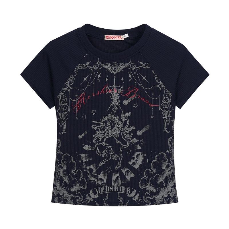 

Summer New Products in Stock American Hottie Slim-fitting Printed Short-sleeved Women L темно-синього кольору