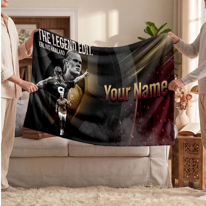 Erling Haaland Personalized Fleece Blanket With Football Logo, Custom Name Text Soft Warm Home Throw Blanket