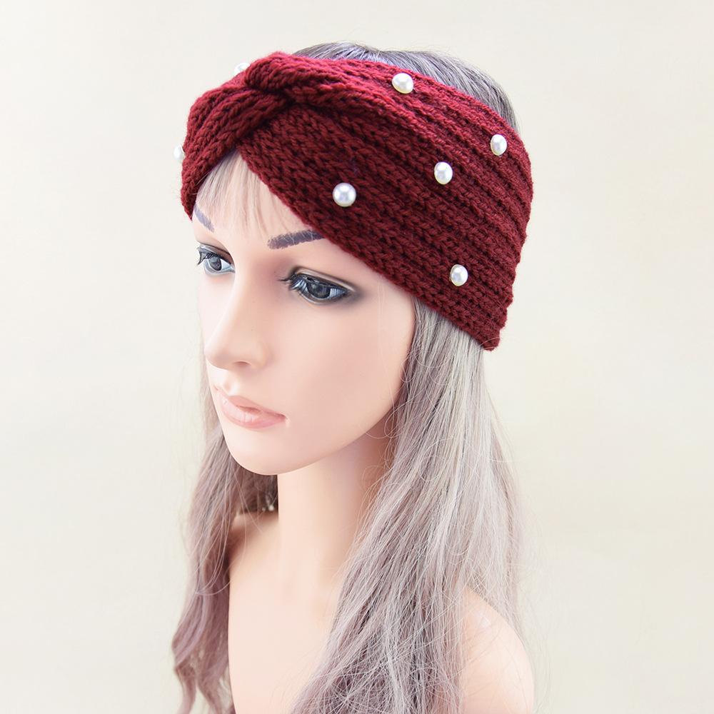 Women Wide Knitted Cross Pearl Headbands Autumn Winter New Warm Solid Hair Bands Ear Warmer Girls Elastic Sports Turban Headwrap