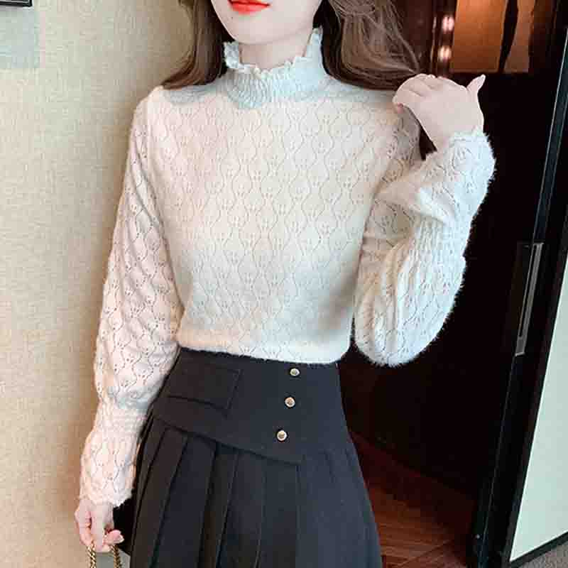 Autumn Winter Fashion New 2024 Long Sleeve Half High Collar Apricot Velvet Lace Blouse Shirt Women Tops Blouses Shirts J752
