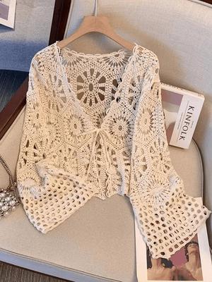 Bohemian Haak Kant-Up Gebreide Vest Sjaal - Dames Zomer Resort Stijl, Lange Mouw Top