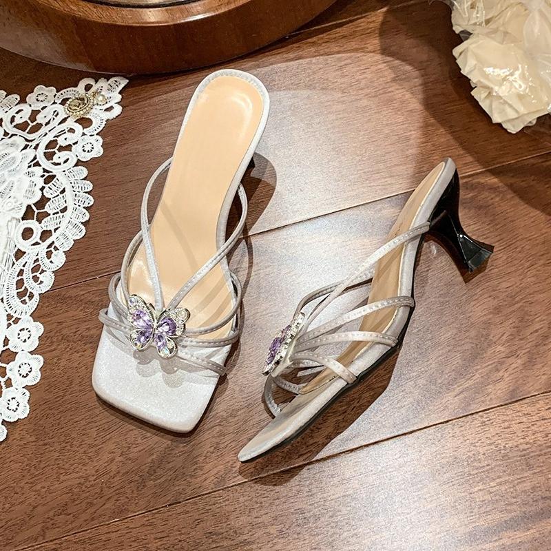 Rhinestone Butterfly Flip-Flops Women's Summer New Outside Wear Square Head Open Toe Sexy Slender Strap High Heel Cool Mopping