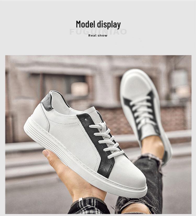 Men's Genuine Leather White Sports Shoes: Trendy, Breathable, Versatile British Casual Style.