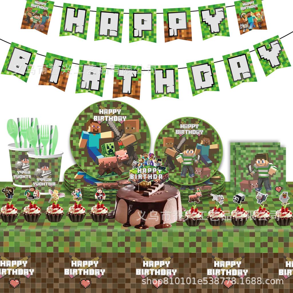 Minecraft Theme Party Cutlery Paper Plates Tissue Supplies Cartoon Pixel Birthday Disposable Party