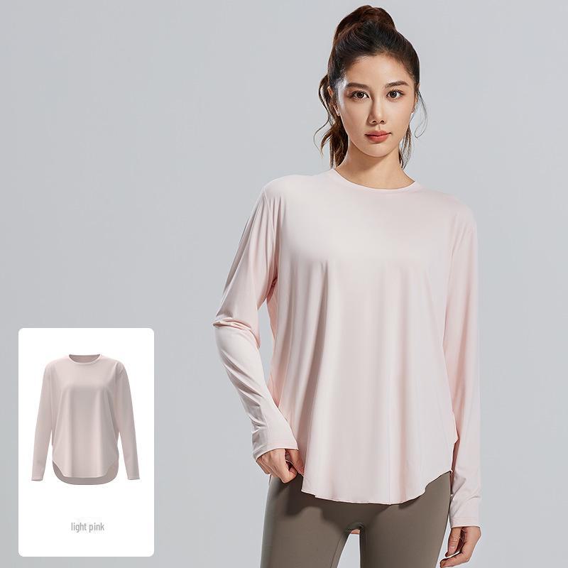 Juyitang Ice Silk Loose Fit Long-Sleeve Yoga Top with Round Neck