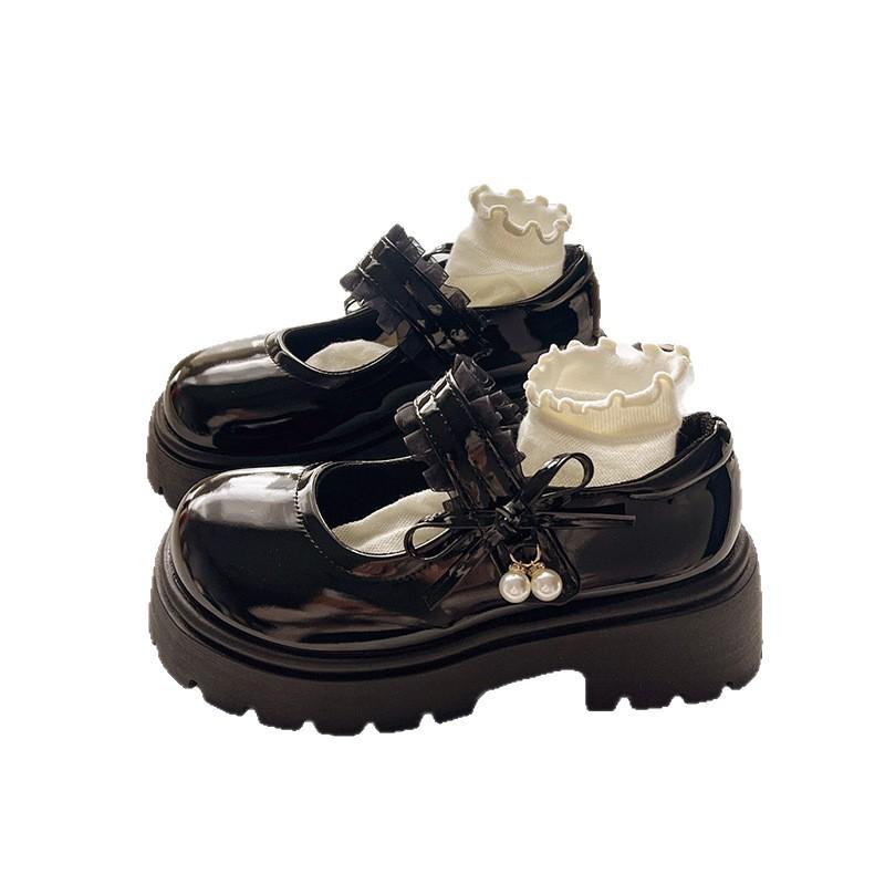 Girls' thick-soled French Mary Jane leather shoes, new summer style, perfect with dresses, loafers, round toe, pearl embellishments, chunky heel
