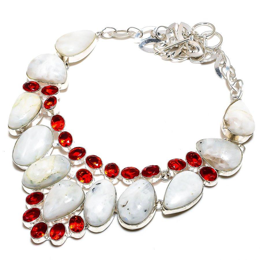 

Rainbow Moonstone, Garnet Gemstone 925 Sterling Silver Jewelry Necklace 18 SU-9745