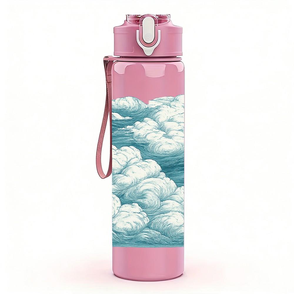 1PC Soft White Blue Cumulus Cloud Texture Print 750ml Color Plastic Sports Water Bottle Leakproof Flip Straw Lid Suitable for Sports Office Home Use