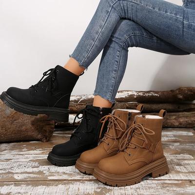 Women Retro Brown Platform Combat Boots Autumn Winter Lace-up Side Zipper Ankle Boots Woman Thick Sole Faux Suede Botas Mujer