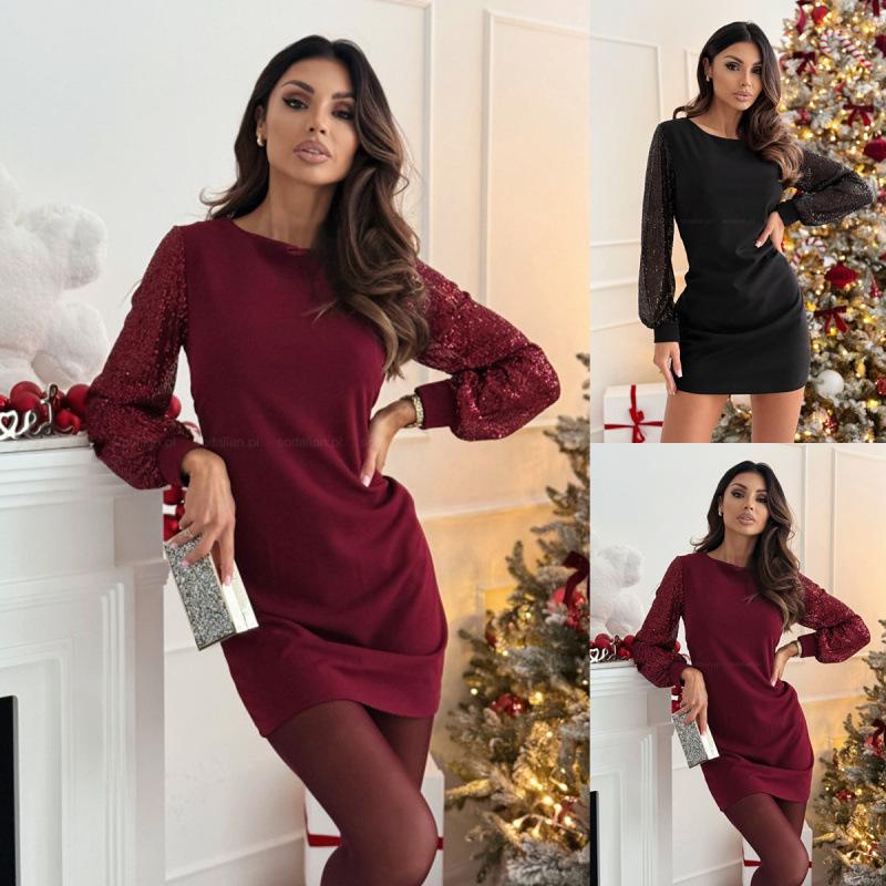 Solid Color Sequin Round Neck Long Sleeve Bodycon Dress