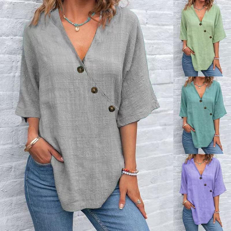 

2025 summer new women s cotton and linen button blouse shirt S серый