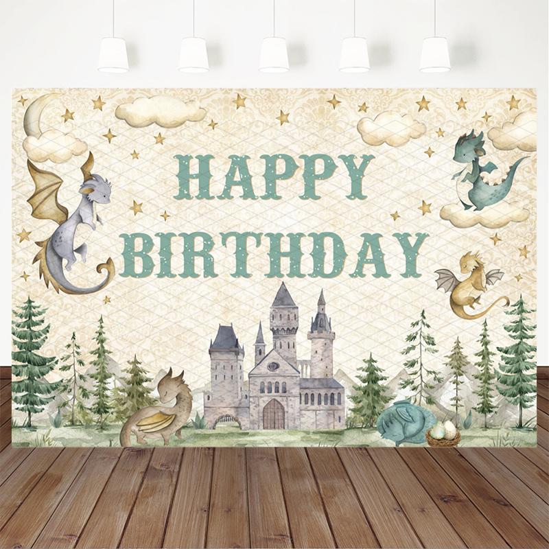 Mocsicka Happy Birthday Photography Backdrop Baby Dragon Moon Star Cloud Magic Medieval Castle Toddler Boys Portrait Backgrounds
