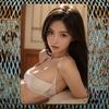 Vintage Alluring Asian Woman with Long Wavy Brown Hair Metal Tin Sign  Retro Intimate Loungewear Girl In Beige Lace Trim Spaghe