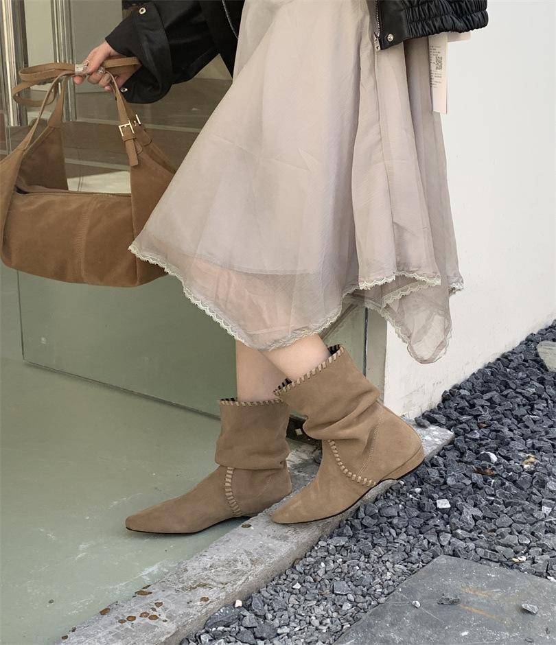 

Coarse Heel Brown Maillard Medium Boots Women s Boots 2025 Fall/Winter Suede Braided Pointed Pile Boots Boots Boots 39 абрикосовый