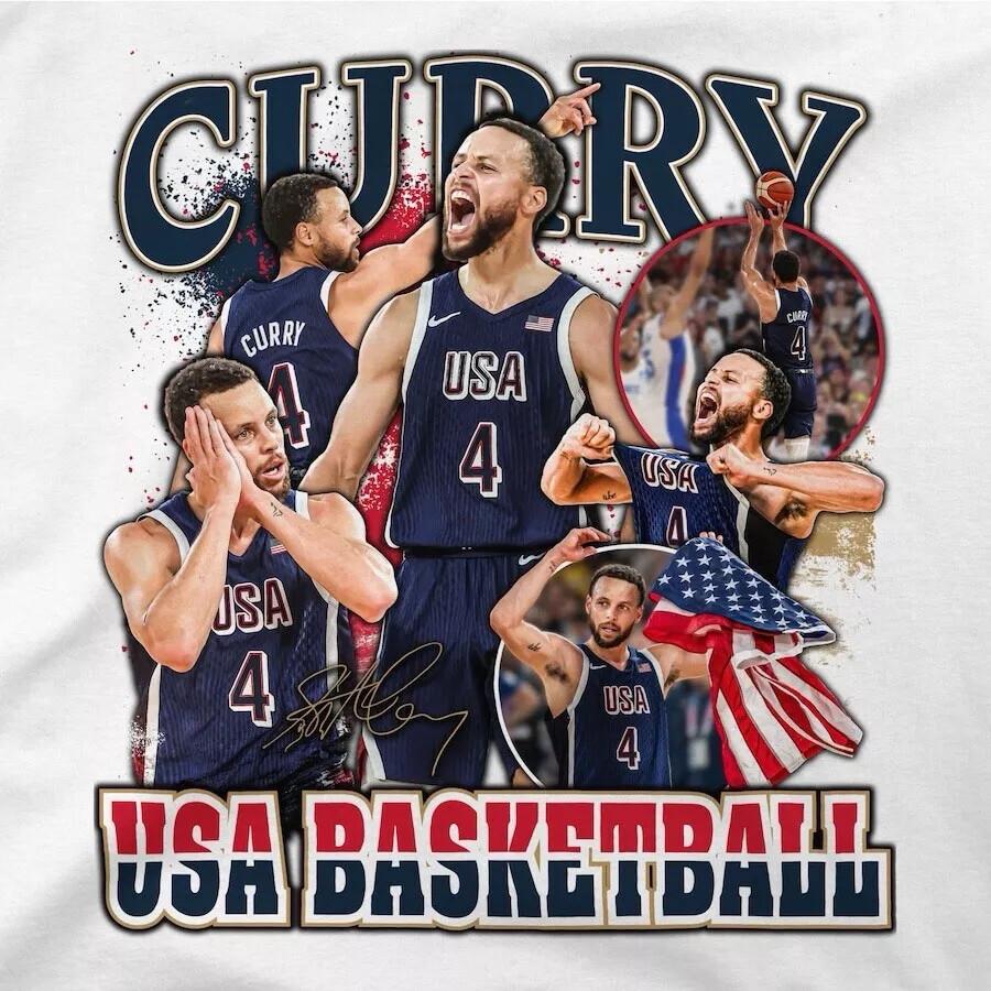Стивен Карри Темно-синяя USA Basketball Летние Олимпийские игры 2024 Белая футболка Унисекс Футболка M