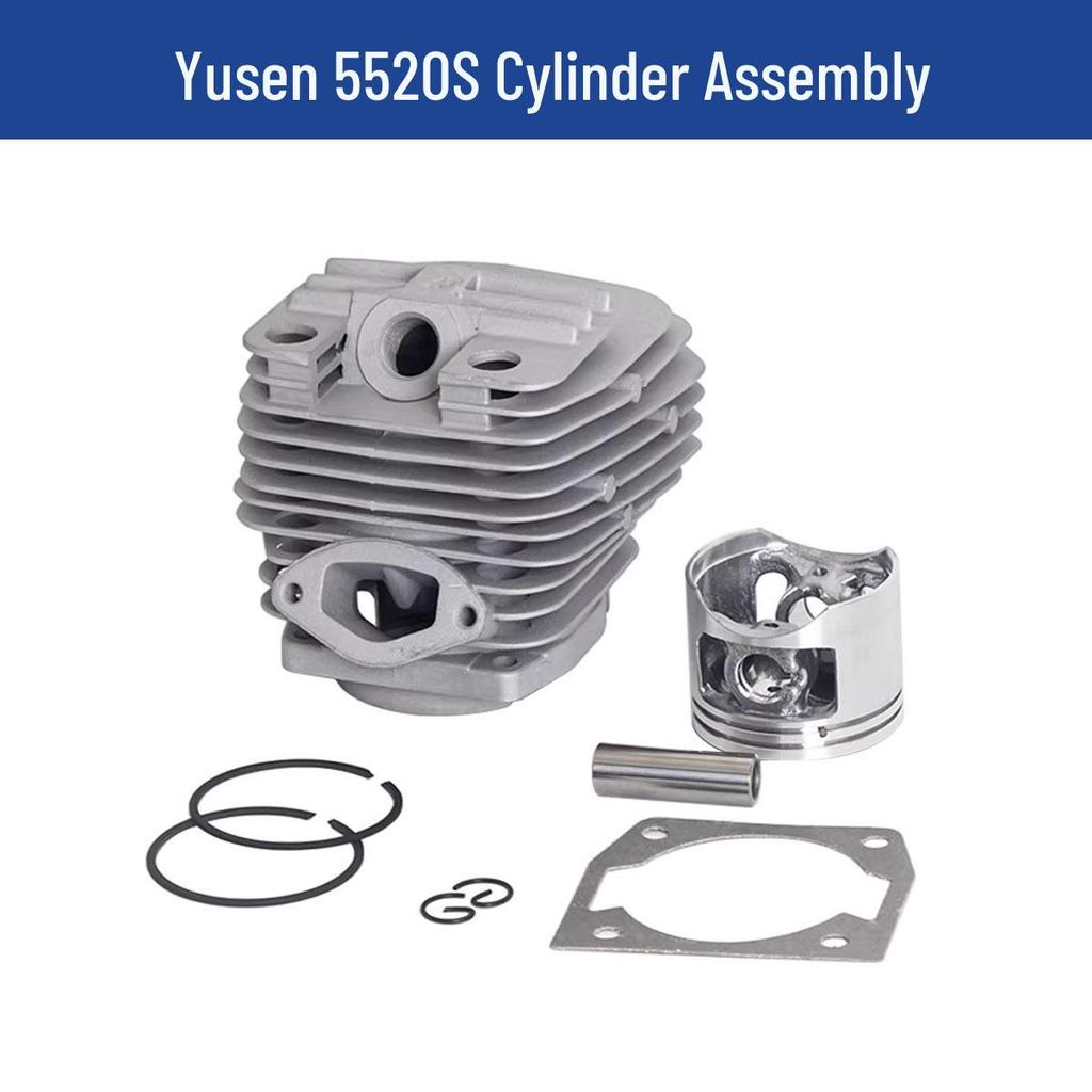 Yusen Chainsaw 5520 Parts: Cylinder, Carburetor, Clutch, Drive Disc, Pull Starter, Ignition Coil, Air Filter.