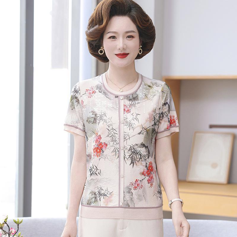 2026 High-End Ice Silk T-Shirt for Moms: Short Sleeve, Chinese Style, Elegant and Lightweight, Ideal for Middle-Aged & Elderly Women
