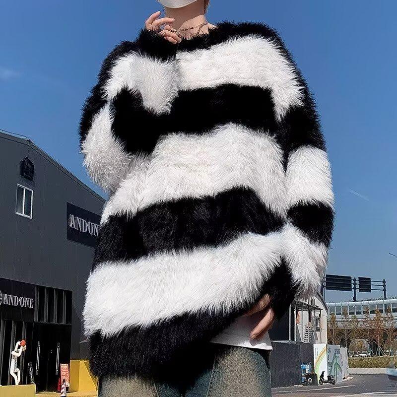 

American Retro Color Block Patchwork Faux Mink Fur Knit Sweater Extra Large білий